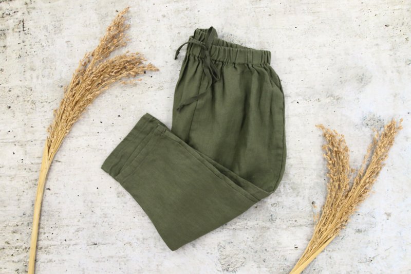 Children's Linen Tapered Pants - Army Green - กางเกง - ผ้าฝ้าย/ผ้าลินิน สีเขียว