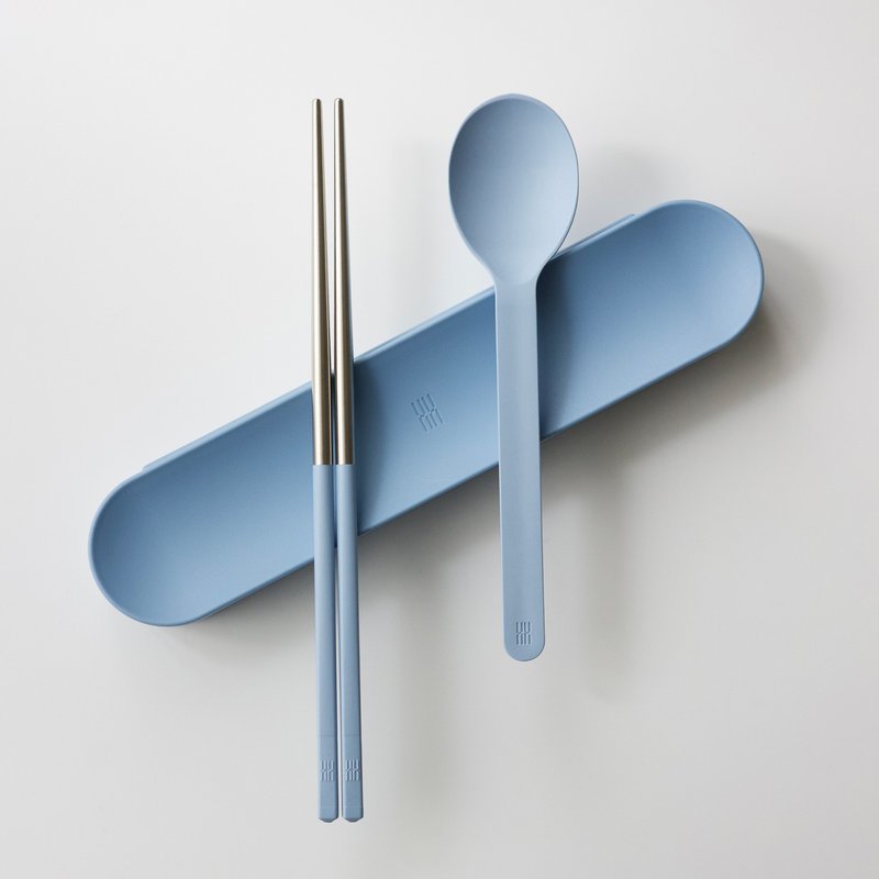 Healthy Happy Chopsticks TOGO tableware set made in Taiwan, smoke gray blue (short chopsticks, spoon, to-go box) - ช้อนส้อม - สแตนเลส สีน้ำเงิน