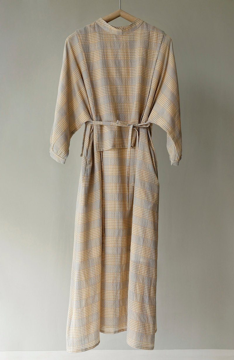 Lightweight summer gardenia yellow plaid texture two-piece suit stitching tailoring tie-up long dress high-count cotton - One Piece Dresses - Cotton & Hemp Multicolor