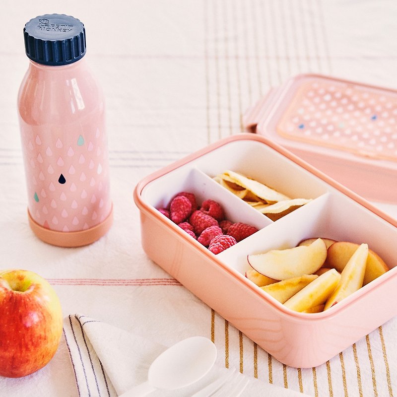 荷蘭Petit Monkey 叉匙野餐盒-杏桃水滴點點 - 野餐墊/露營用品 - 塑膠 