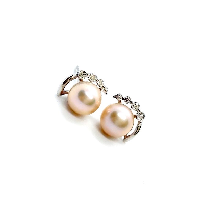 Four diamond half ring freshwater pearl sterling silver earrings - ต่างหู - ไข่มุก 