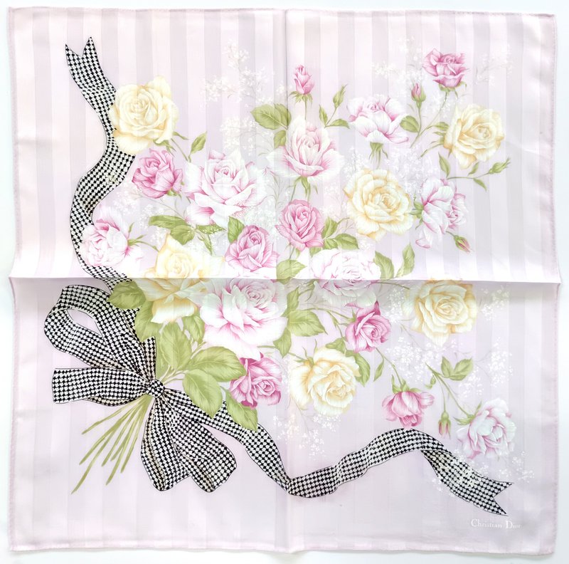 Christian Dior Vintage Handkerchief — Floral Roses Bouquet 19 x 19 inches - 手帕 - 棉．麻 粉紅色