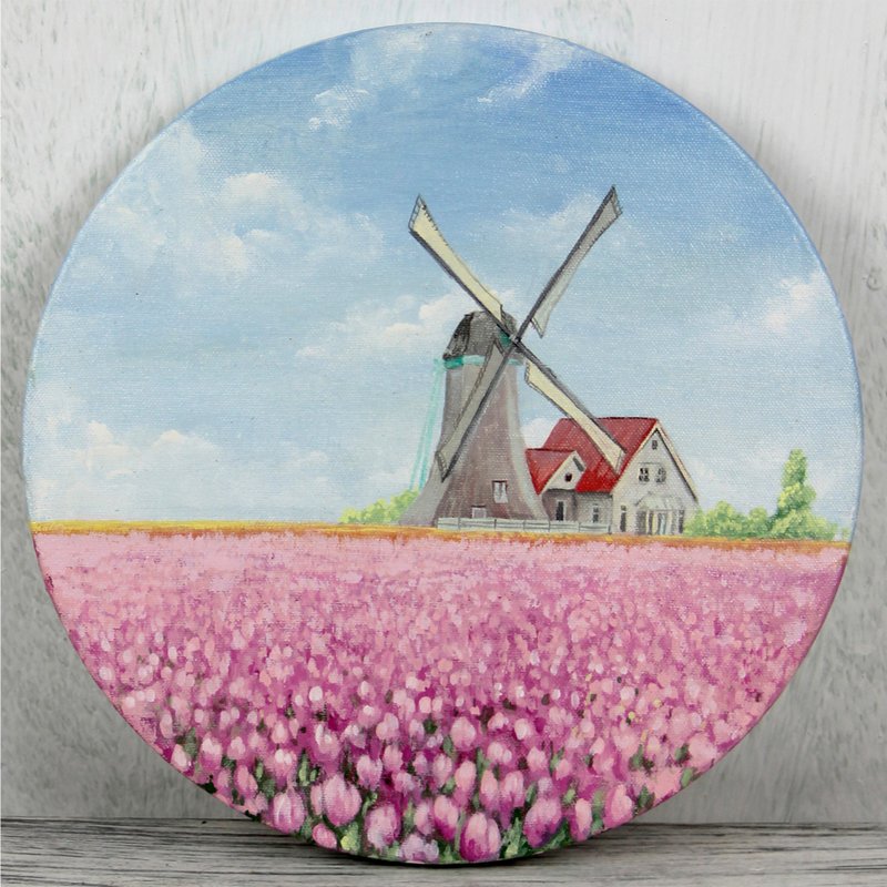 【Spring Tulip Field】Original acrylic painting on canvas Wall Art for Living Room - โปสเตอร์ - ผ้าฝ้าย/ผ้าลินิน หลากหลายสี