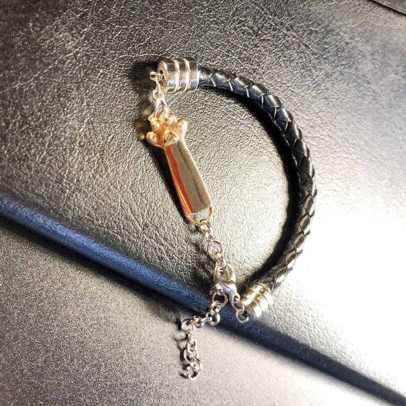 4mm真皮編織手鍊∣貓掌925純銀∣客製化刻字 - 手鍊/手環 - 真皮 