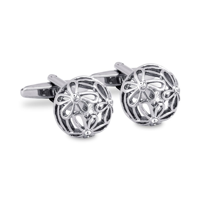 Intricate Floral Carved Cufflinks with Clear Crystals - Cuff Links - Other Metals Silver