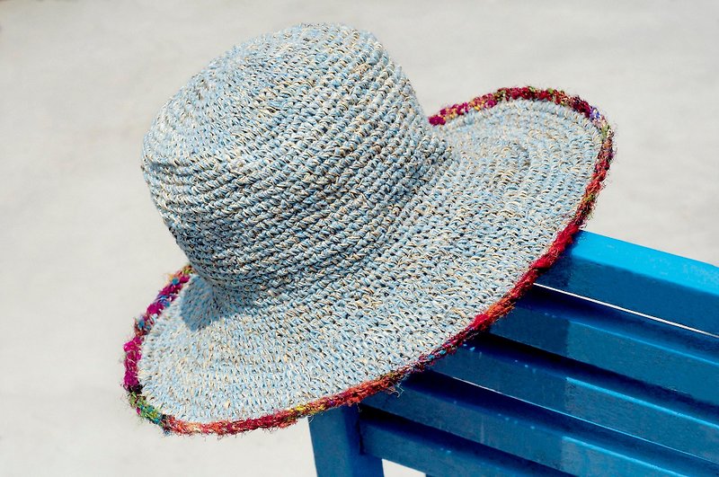 手工紗麗線編織棉麻帽/編織帽/漁夫帽/草帽-藍色棉麻+紗麗線編織 - 帽子 - 棉．麻 藍色