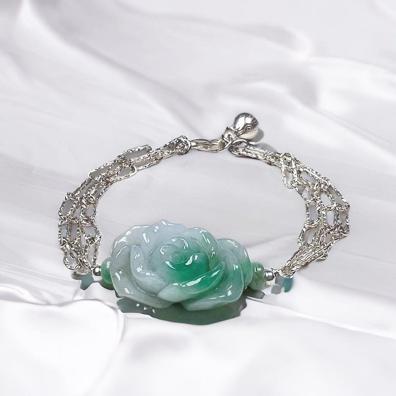 Ice green jadeite lotus design bracelet 925 sterling silver | Natural Burmese jadeite A product | - สร้อยข้อมือ - หยก หลากหลายสี