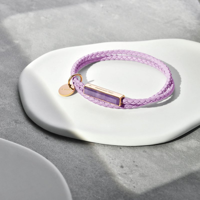 Ricordi 客製化刻字 皮革天然石寶石手環 (紫晶石) - 手鍊/手鐲 - 真皮 紫色