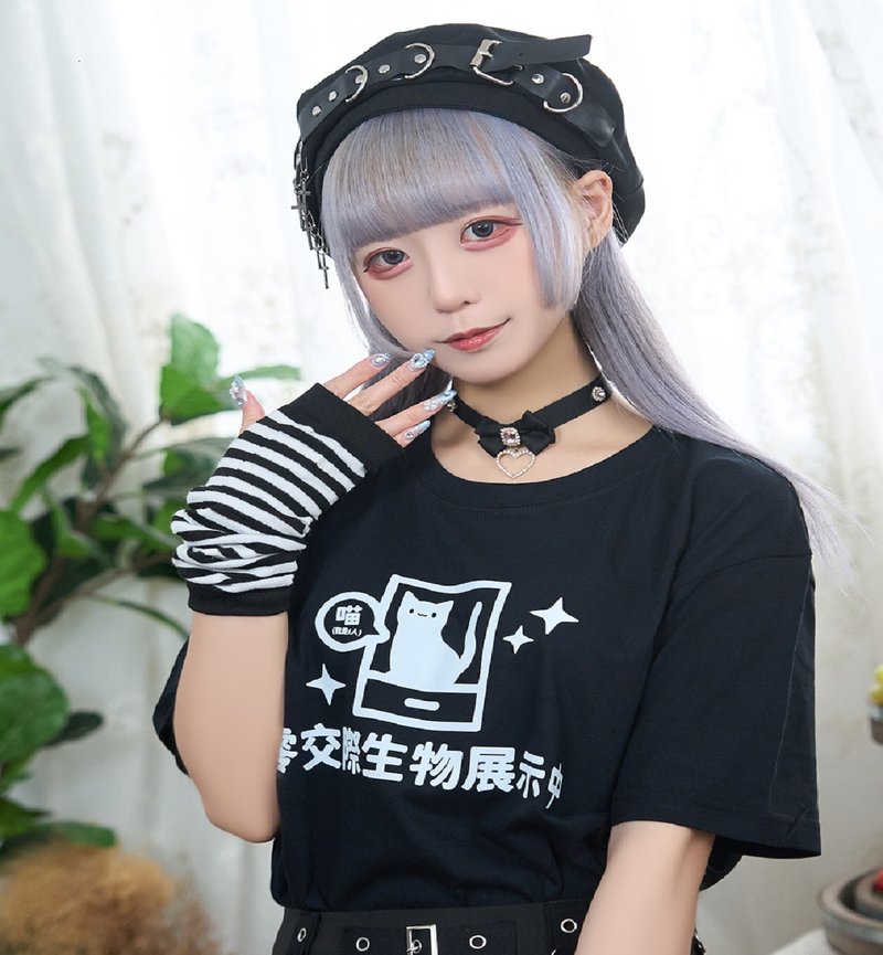 原創零交際生物KUSO文字梗貓咪漢字印花純棉中性短袖T恤JJE10051 - 女 T 恤 - 棉．麻 