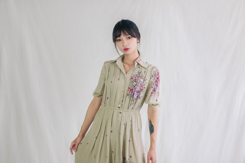 Khaki Floral Butterfly Five-point Sleeve Vintage Dress - One Piece Dresses - Other Materials Khaki