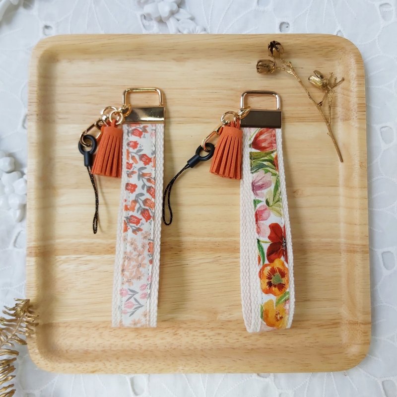 Orange Korean Floral Cloth Tassel Mobile Phone Anti-fall Wrist Strap - Lanyards & Straps - Cotton & Hemp Orange