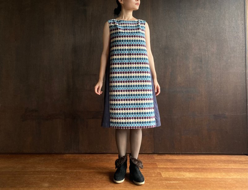 Polyester One Piece Dresses Purple - Winter dress rain drops/blue gray vintage button