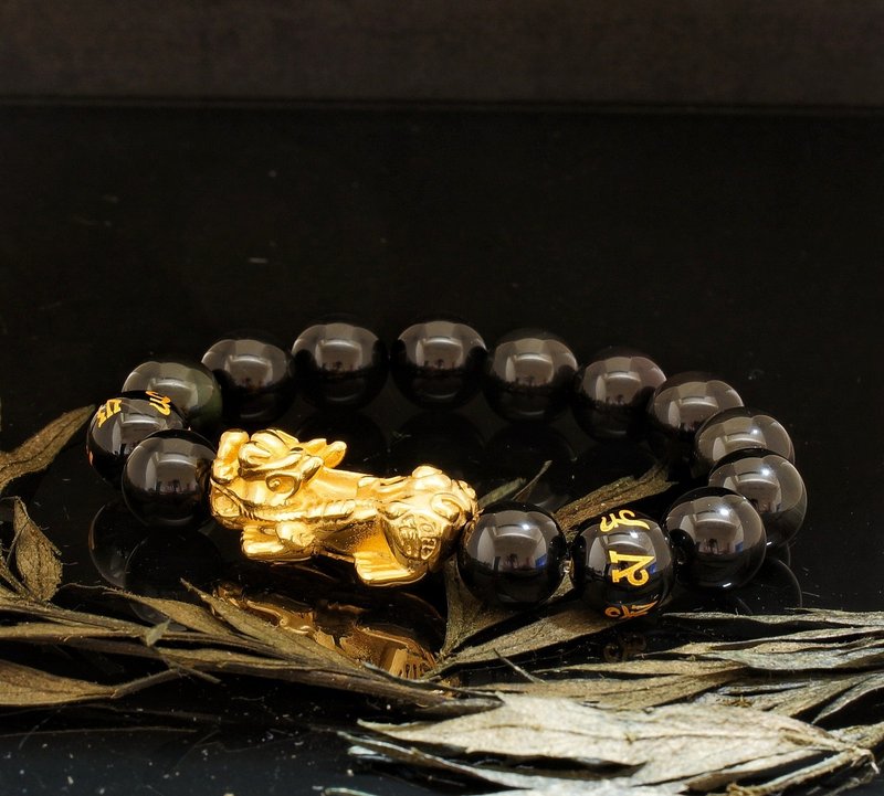 12mm Obsidian + steel 貔貅 bracelet - Bracelets - Semi-Precious Stones 