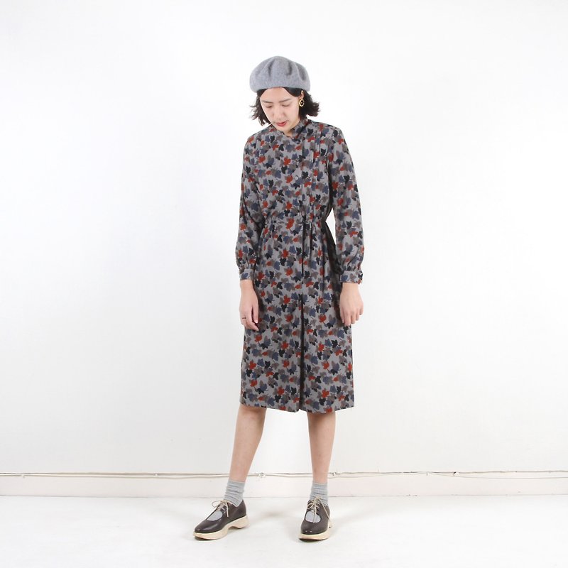 Egg plant vintage stone maple suede printing vintage dress - One Piece Dresses - Polyester Gray