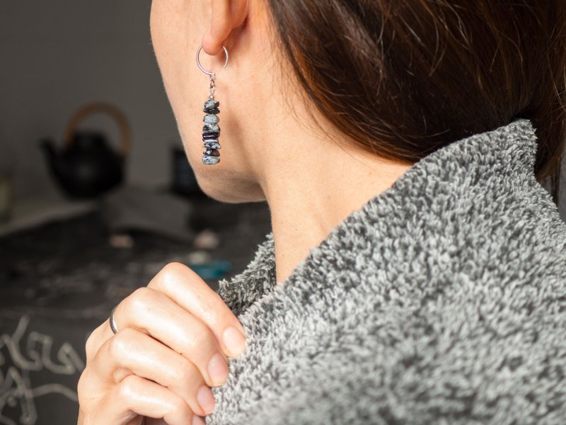 Snowflake Obsidian Earrings, 925 Silver, Capricorn stone, Christmas Gift - Earrings & Clip-ons - Semi-Precious Stones Black