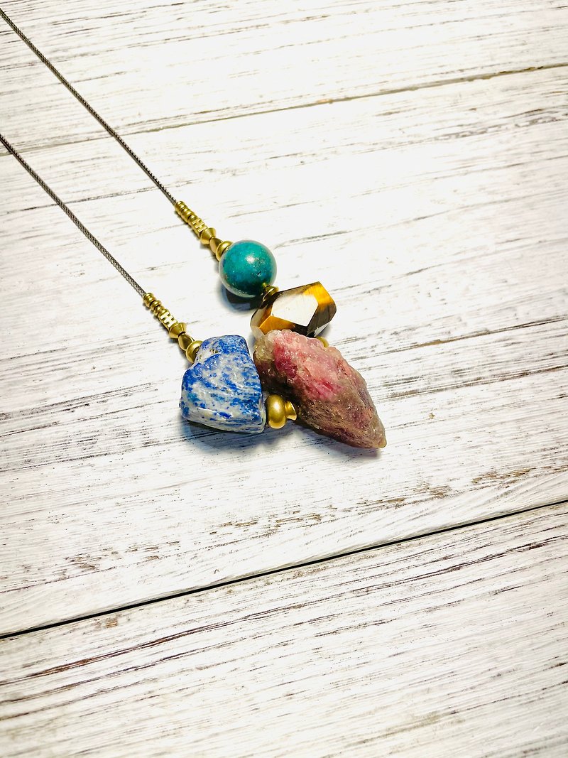 Free country lapis lazuli Stone tourmaline tiger eye Stone Phoenix Bronze beads stainless steel necklace - สร้อยคอ - เครื่องประดับพลอย 
