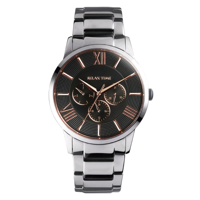 RELAX TIME スリーアイズブラックエレガントローズゴールド(RT-81-2) - 男女兼用（ユニセックス）腕時計 - ステンレススチール シルバー