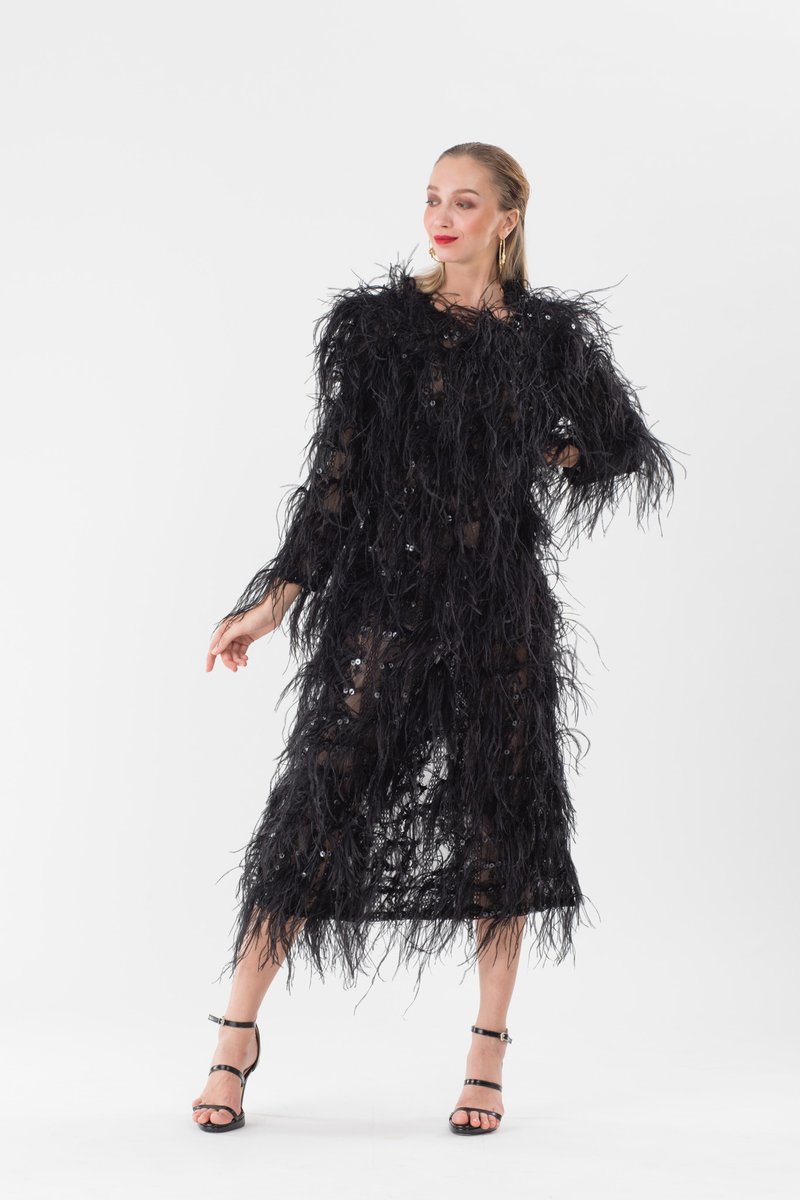 Claire black trim ostrich feather dress  for women - 洋裝/連身裙 - 羽絨 黑色