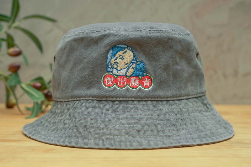 Outstanding Waste Green Bucket Hat Gray - หมวก - ผ้าฝ้าย/ผ้าลินิน สีเทา