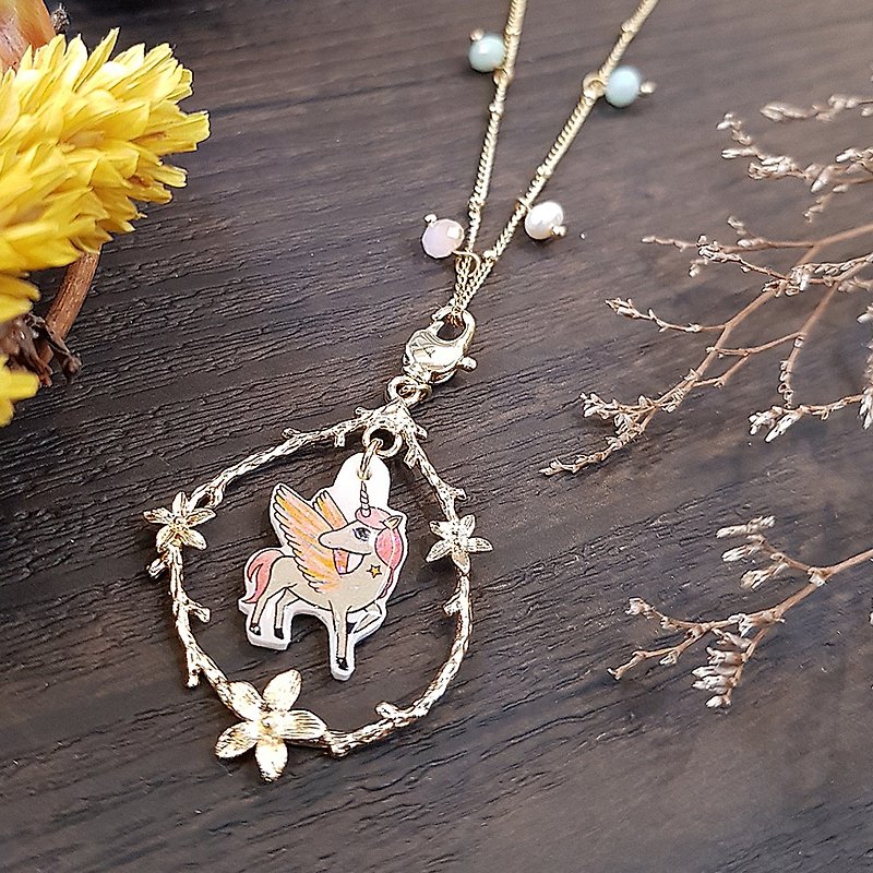 Handy Cat x City Cat Unicorn Pegasus Illustration Childlike Colorful Necklace Forest Animal Birthday Gift - Necklaces - Copper & Brass Gold