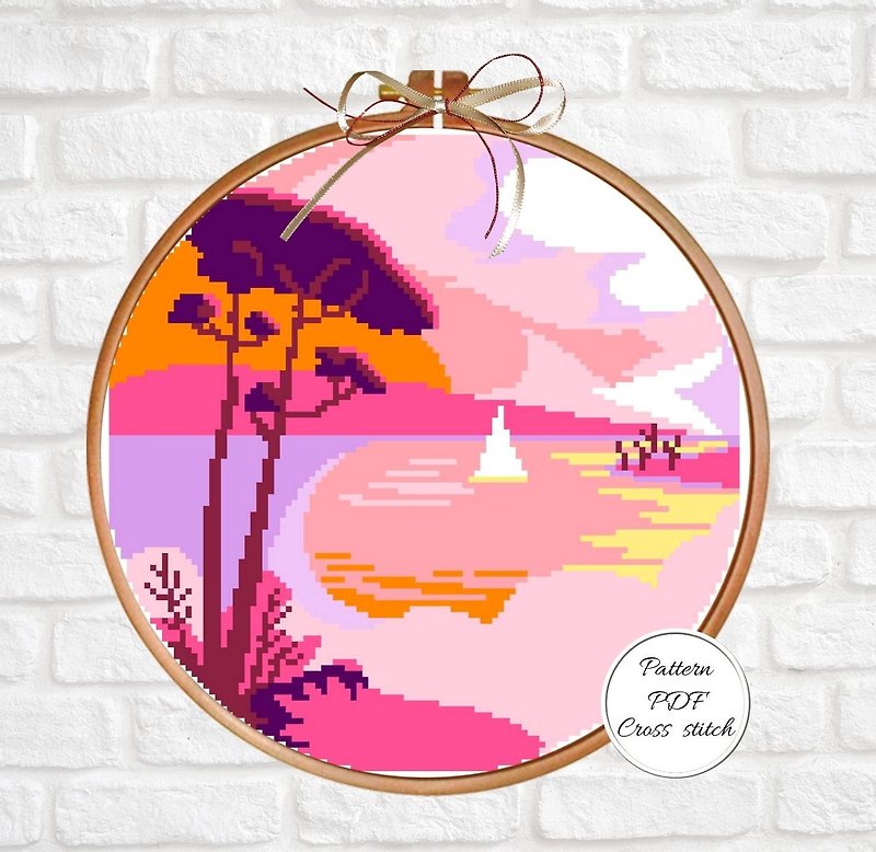 Modern cross stitch pattern landscape. Round pink décor. Embroidery DIY