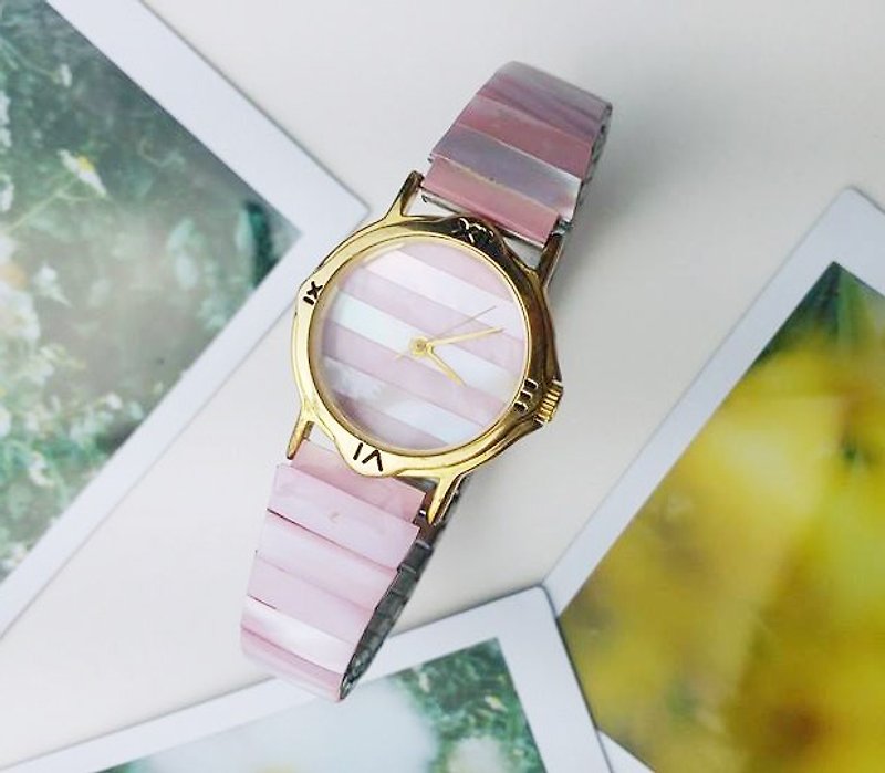 【Lost And Find】Colorful Natural mother of pearl watch - Candy Pink - นาฬิกาผู้หญิง - เครื่องเพชรพลอย หลากหลายสี