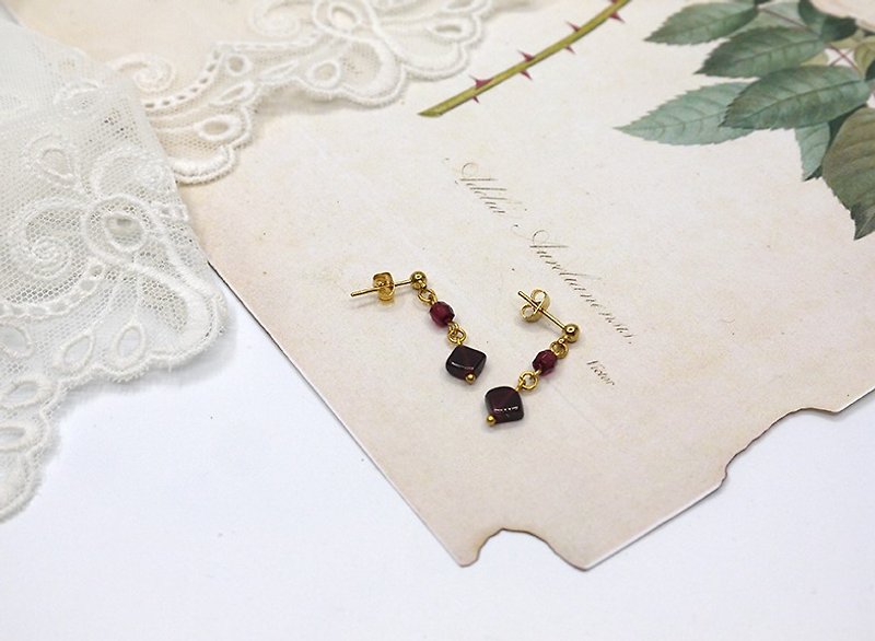 square garnet  with crystal earring - Earrings & Clip-ons - Gemstone Red