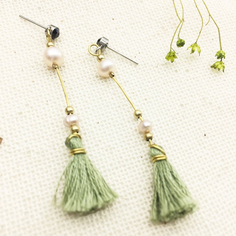 Laolin groceries l natural Shanghai pearl X Japanese embroidery thread hand tassel earrings ear hook l ear pin l ear clip - Earrings & Clip-ons - Thread Green