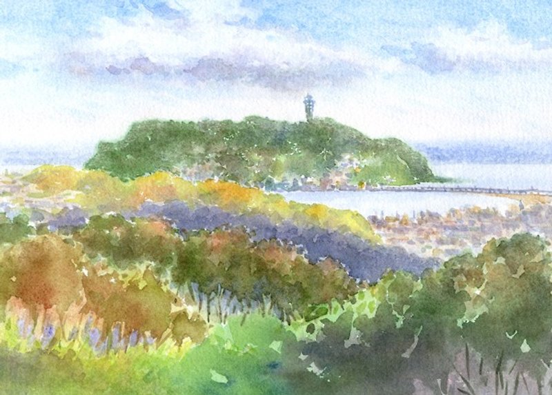 Watercolor picture Enoshima from Mount Kamakura - โปสเตอร์ - กระดาษ สีเขียว