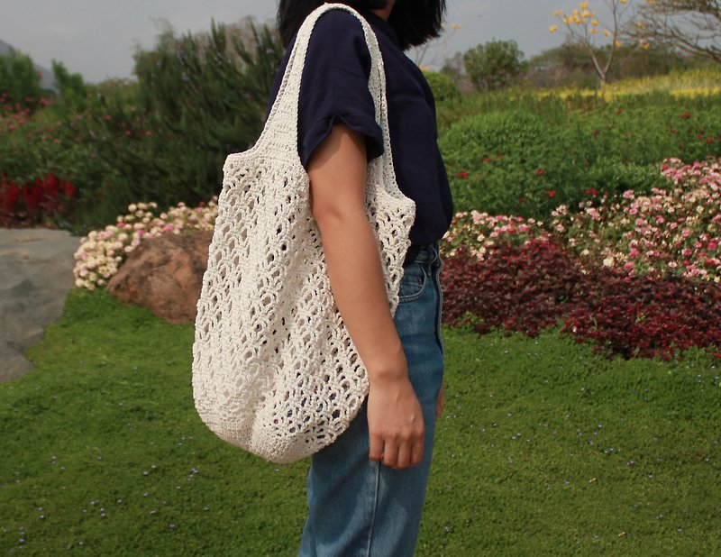 Tote bag ,Market bag ,White Crochet bag ,Shopping bag - กระเป๋าแมสเซนเจอร์ - ผ้าฝ้าย/ผ้าลินิน ขาว