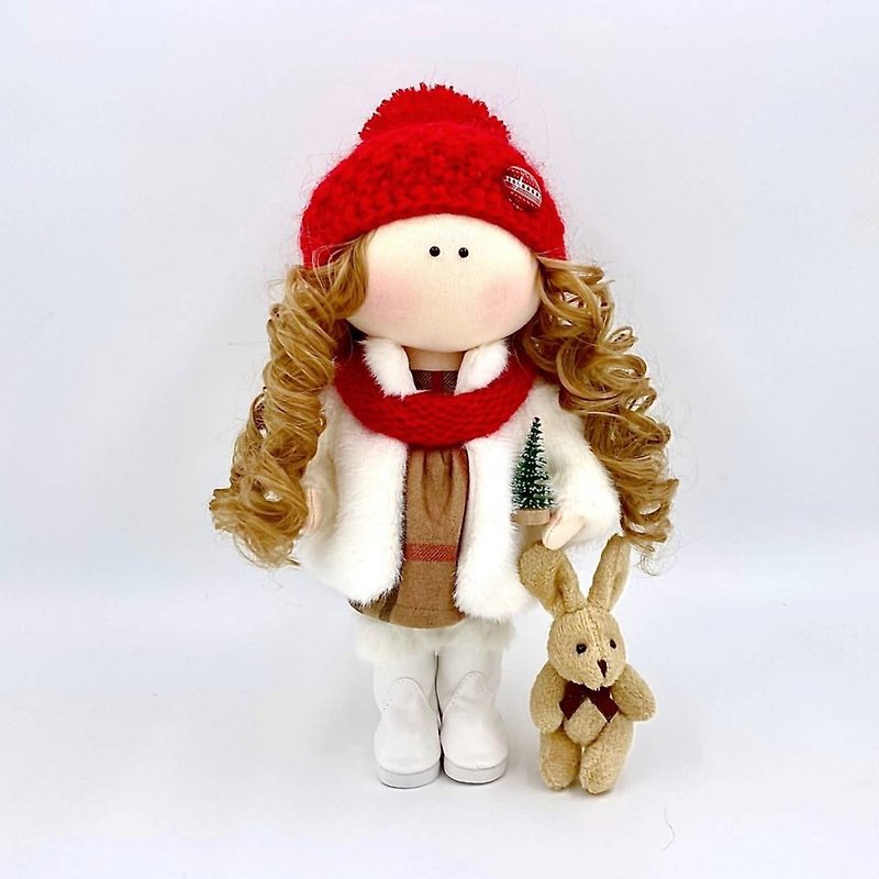 Christmas tilda doll, Textile doll with bunny, Christmas Gift Wrapping, Rag doll - 玩偶/公仔 - 其他材質 紅色