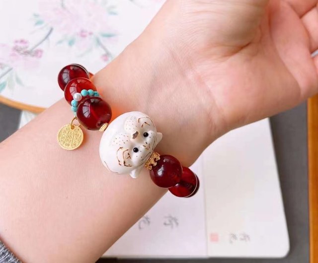 天然生鉱石血琥珀数珠オリジナル枝角彫り小白虎デザインブレスレットf