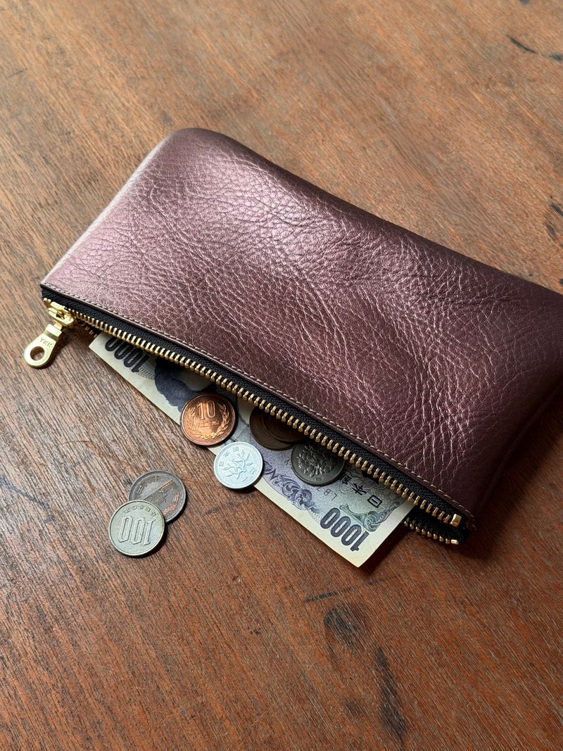 大容量鈔票包 金屬咖紫 I 鉛筆袋 收納包 出國外幣收納 - 錢包/皮夾/長短夾 - 真皮 咖啡色