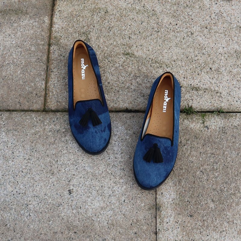 【Looking at the ripples】Leather casual loafer lining tie-dyeing cloth limited edition dark blue - Women's Oxford Shoes - Cotton & Hemp Blue