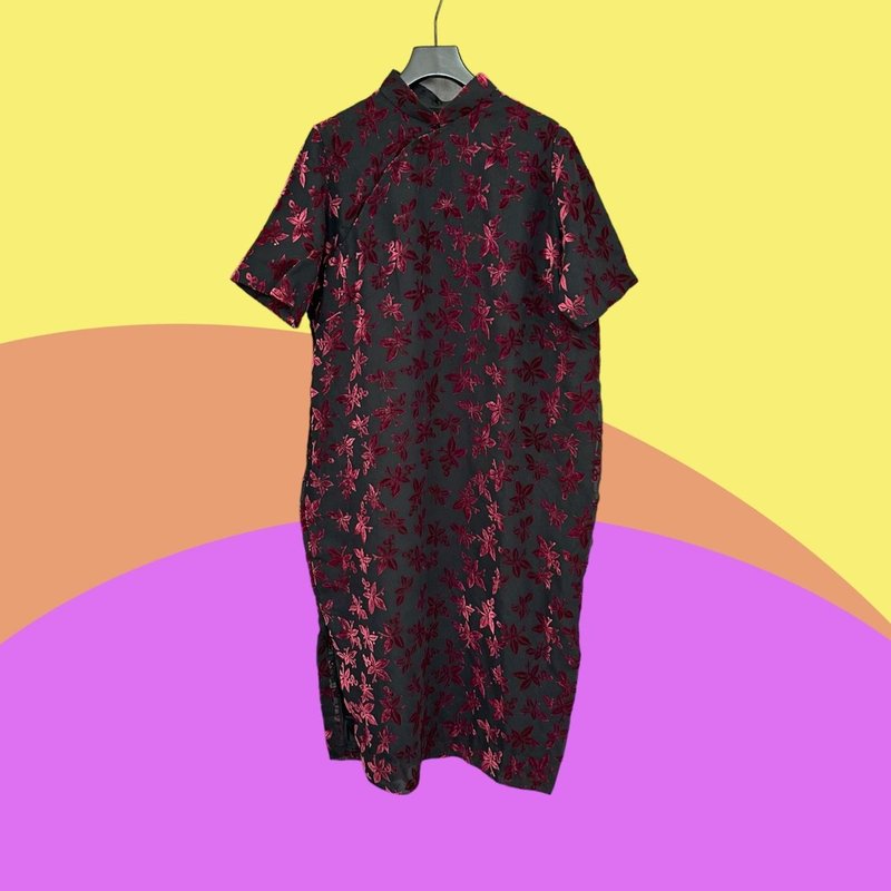 Pre-owned Black & Red Azalea Embroidered Vintage Custom-Made Qipao with 3/4 Sleeves CA0803 - One Piece Dresses - Polyester Black