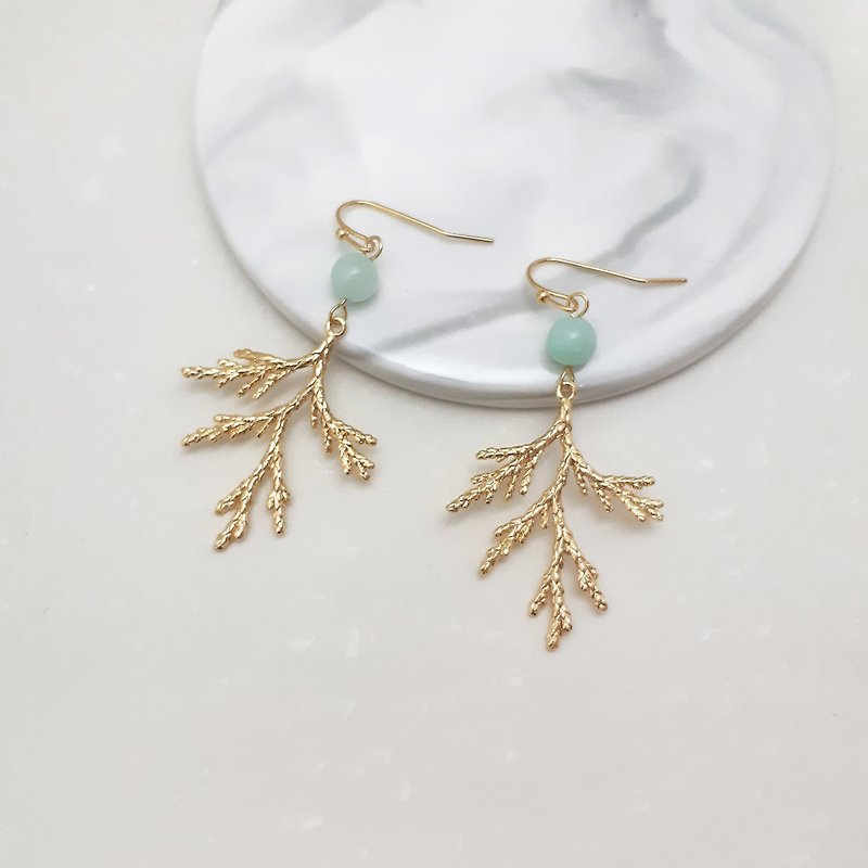 Green branch earrings and ear hooks (pair) - Earrings & Clip-ons - Other Metals Gold