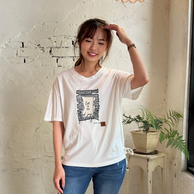 Hana Mokuba Printed Round Neck Tie-Waist Gathered Hem Top - Women's Tops - Other Materials 