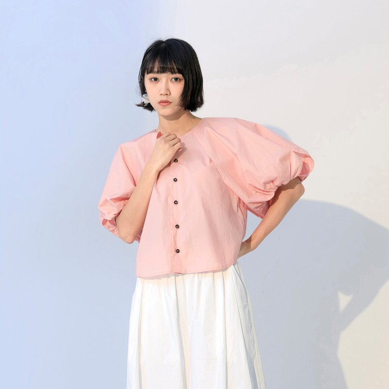 造型大泡袖開襟上衣 - 女上衣/長袖上衣 - 棉．麻 粉紅色