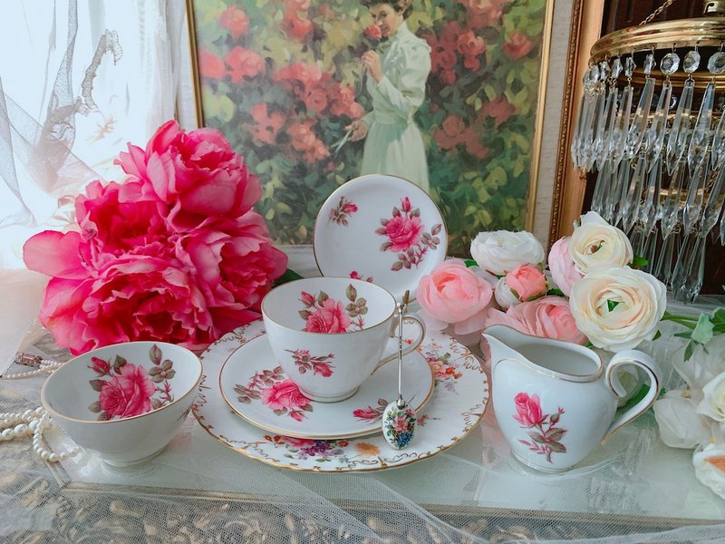 1930年德國手繪玫瑰花卉古董花茶杯兩件組 庫存品 - 茶壺/茶杯/茶具 - 瓷 粉紅色