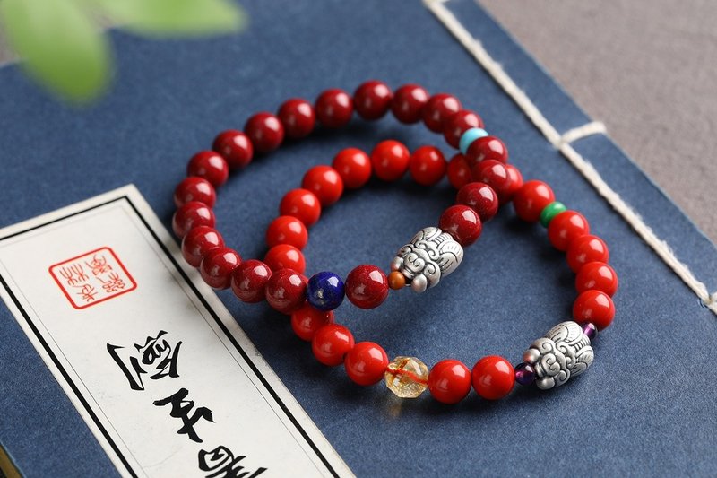 天然原礦硃砂精品紫金砂紅砂一鳴驚人8mm 硃砂含量高達95%以上 - 手鍊/手環 - 寶石 