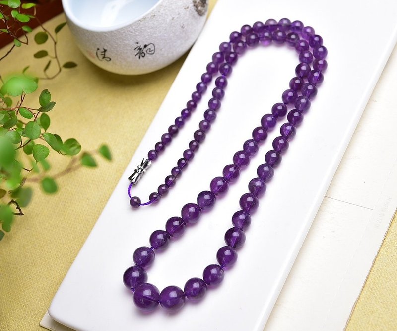 Pure natural amethyst round bead necklace, rich violet color, rare beauty - สร้อยคอ - คริสตัล 