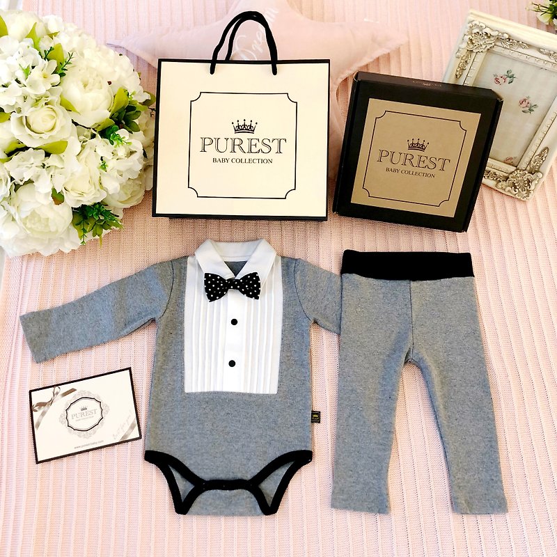 British Royal Bow Tie Little Gentleman Gray Long Sleeve Fully Armed Baby Miyue Baby Gift Set - Baby Gift Sets - Cotton & Hemp 