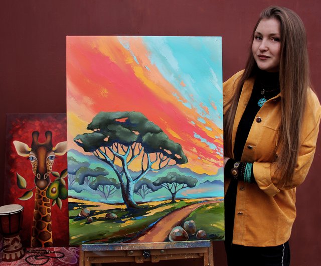 アフリカ絵画アフリカの木オリジナルアート風景ウォールアート
