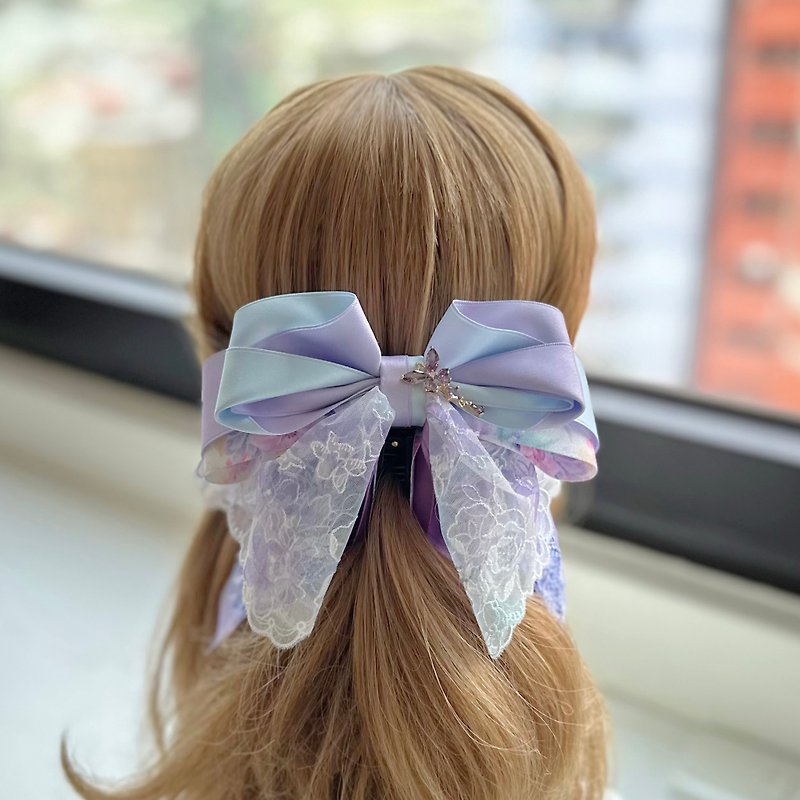 Exclusive lace bow intersecting clip banana clip fairy clip hair clip - blue and purple - Hair Accessories - Other Materials Purple