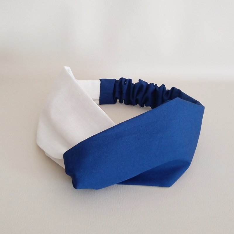 Cross-Type Hairband Turban Royal Blue x White 32 - ที่คาดผม - ผ้าฝ้าย/ผ้าลินิน สีน้ำเงิน