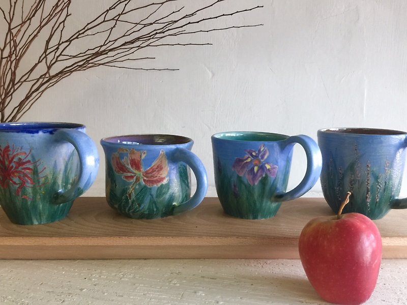 Sky & Flower Series Coffee Cup Gift Set (Set of 4) _Clay Mug - Mugs - Pottery Blue