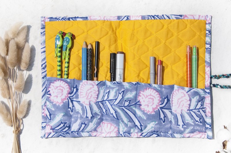 Woodblock Printed Roll Pencil Case / Cutlery Pouch / Spring Roll Pencil Case / Makeup Bag / Makeup Brush Roll - Woodblock Printed Indigo Dye Flowers - กล่องดินสอ/ถุงดินสอ - ผ้าฝ้าย/ผ้าลินิน หลากหลายสี