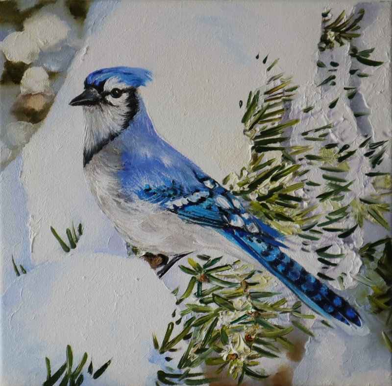 Original Oil Painting Jay Bird, Realistic Blue Jay - ของวางตกแต่ง - วัสดุอื่นๆ สีเขียว