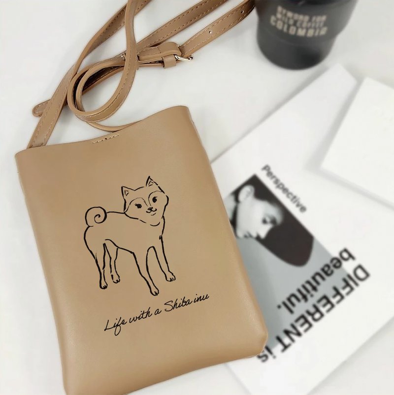 Shiba Inu Mini Shoulder Bag (Smart Phone Bag ) - กระเป๋าแมสเซนเจอร์ - หนังเทียม สีกากี