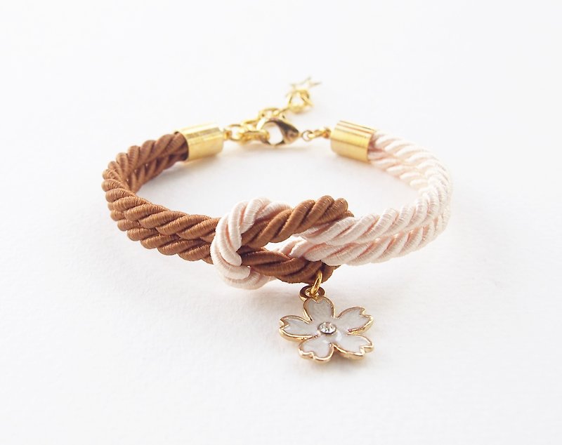 Brown and ivory cream knot rope bracelet with white flower charm - Bracelets - Other Materials Brown